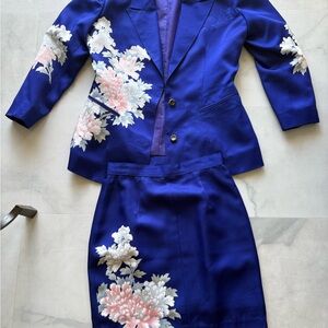 Women's Vintage Royal Blue Suit with Peony Print